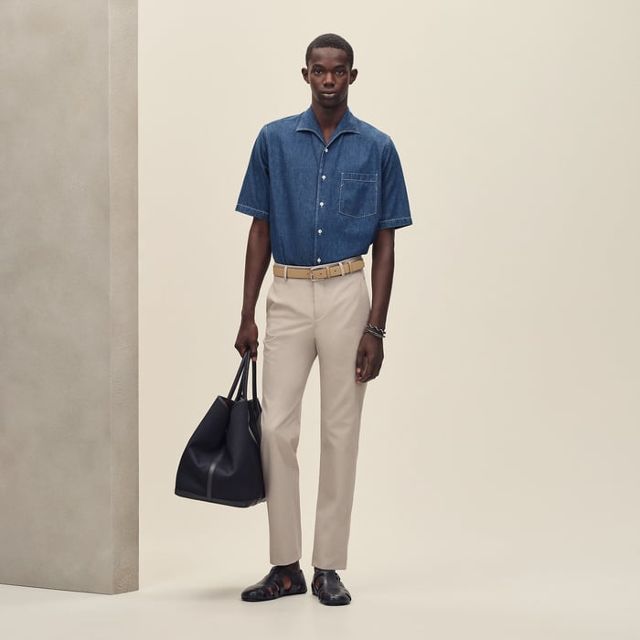 Indigo Lavé Short-sleeve Straight Cut Shirt With Notched Collar