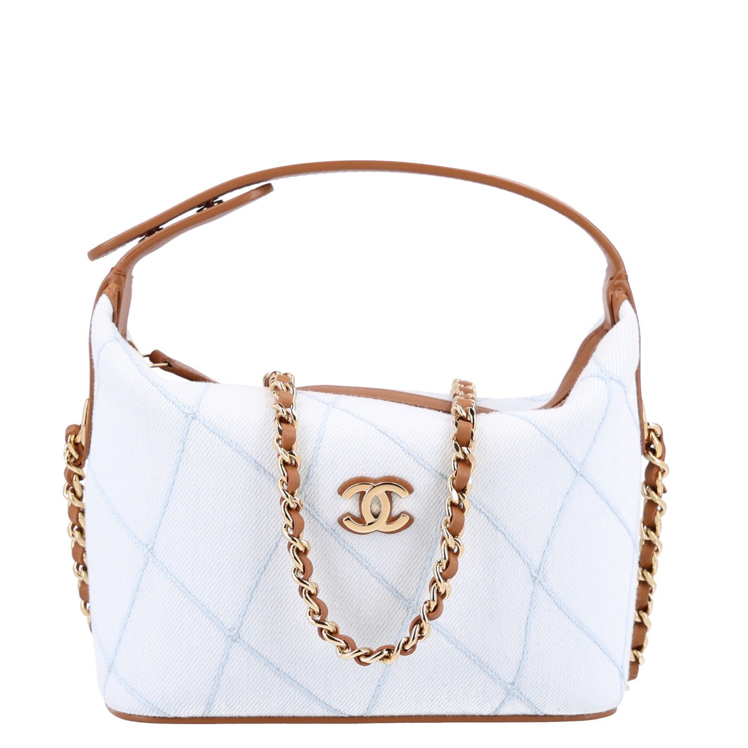Chanel Denim Calfskin Quilted Coco Beach Top Handle Long Vanity Blue Brown