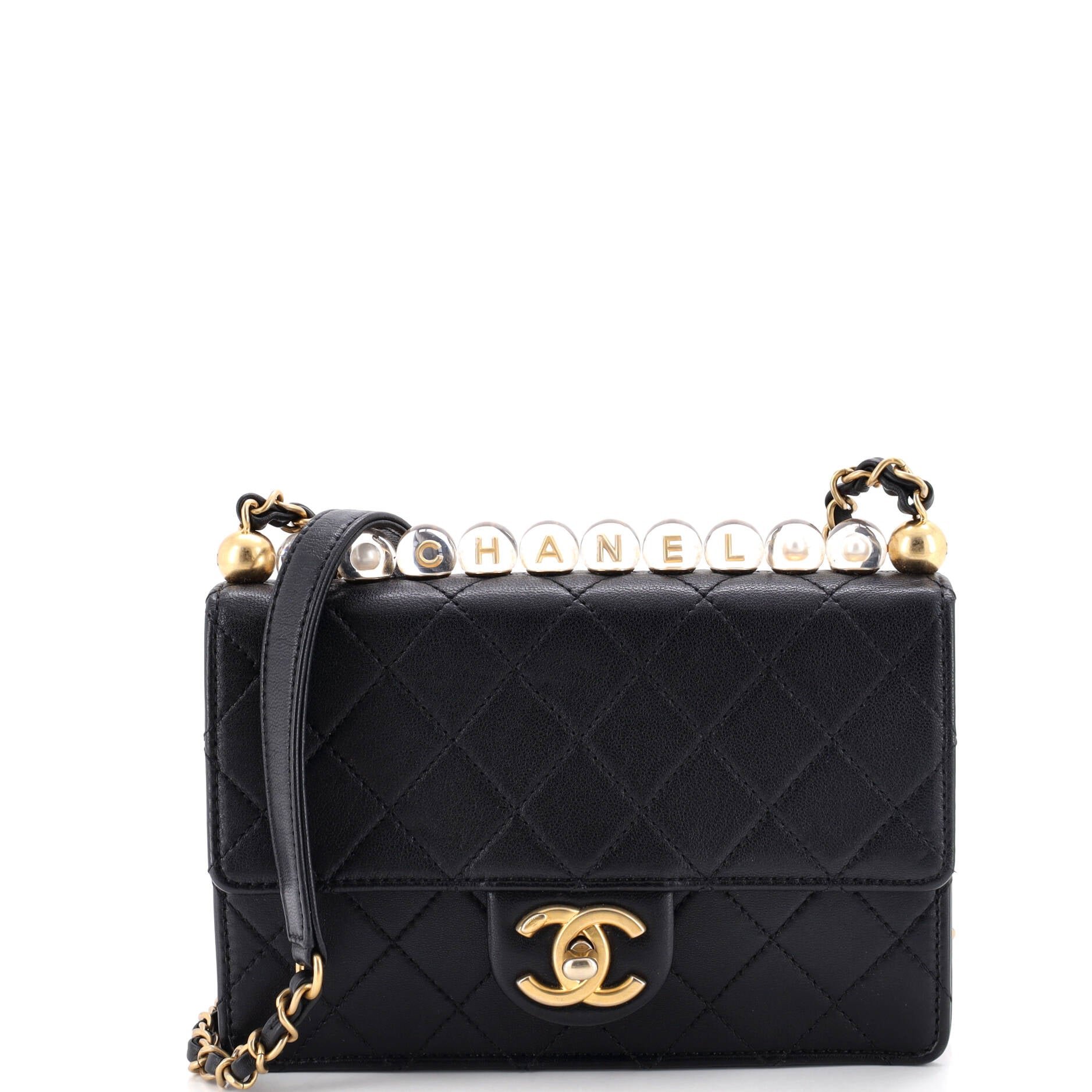 Chic Pearls Flap Bag Quilted Goatskin with Acrylic Beads Small