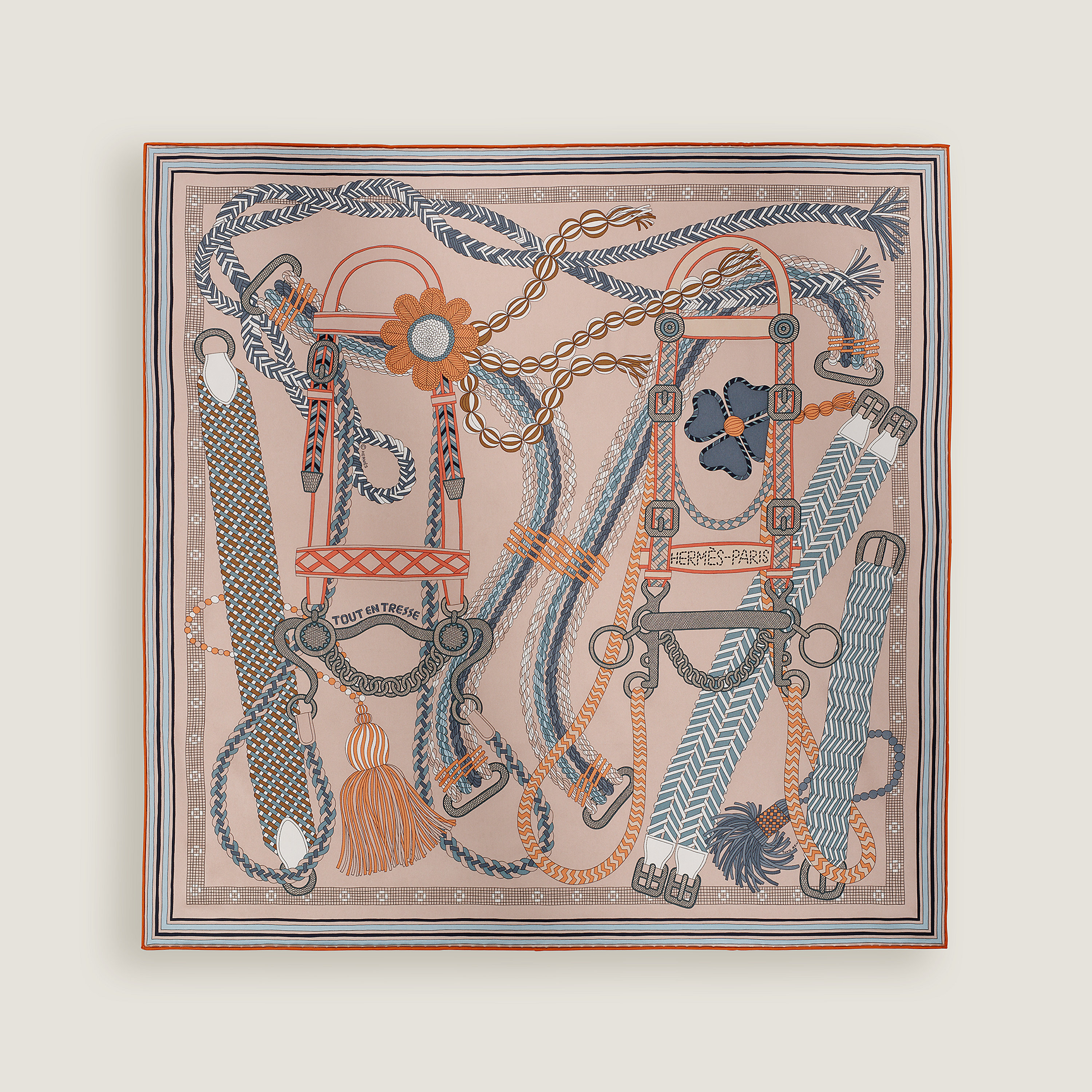 Hermès Tout en Tresse scarf 70 Rose Poudre/Gris/Orange Cuit | BagUSeek