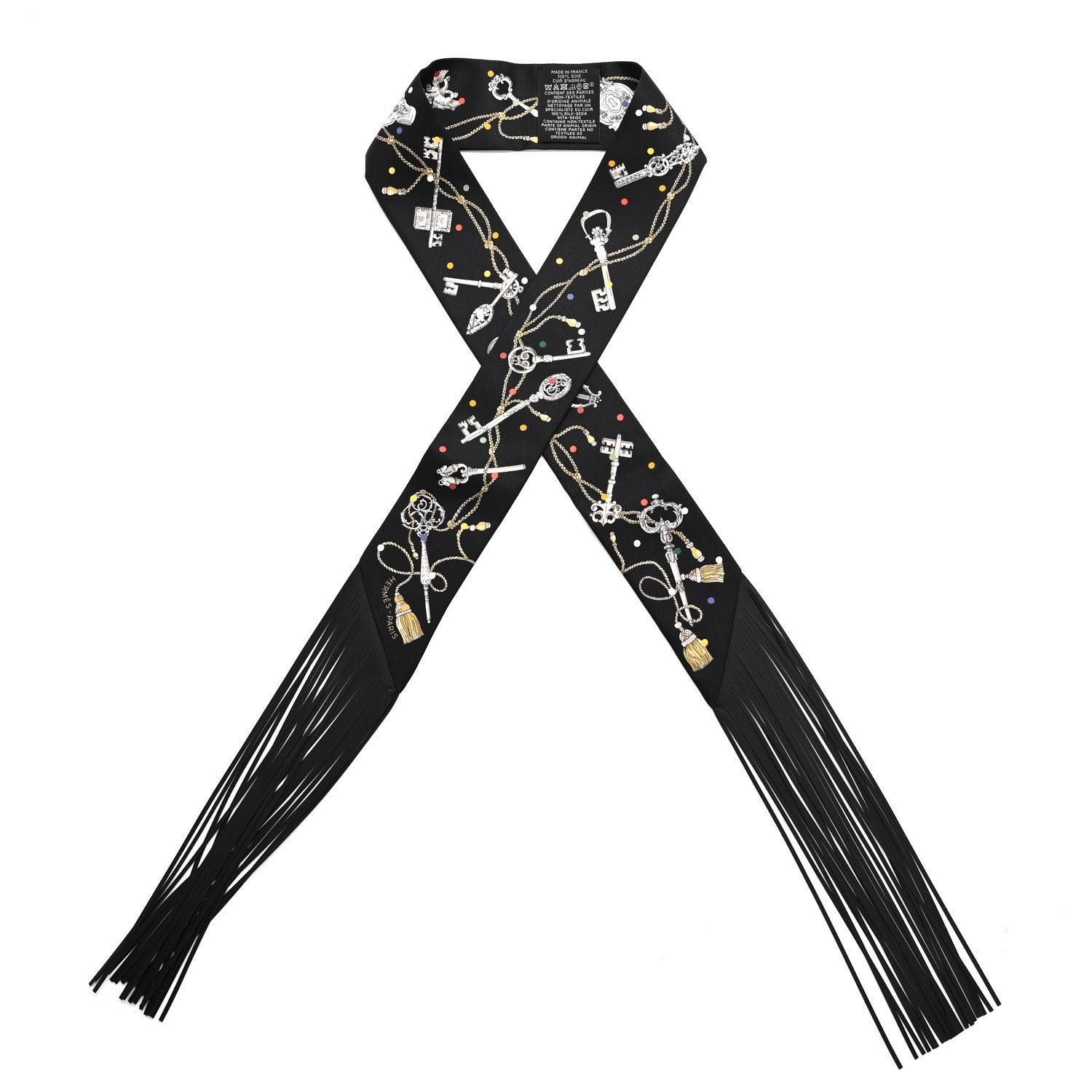 Hermes Silk Calfskin Les Cles A Pois Fringed Twilly Black Mordoré White