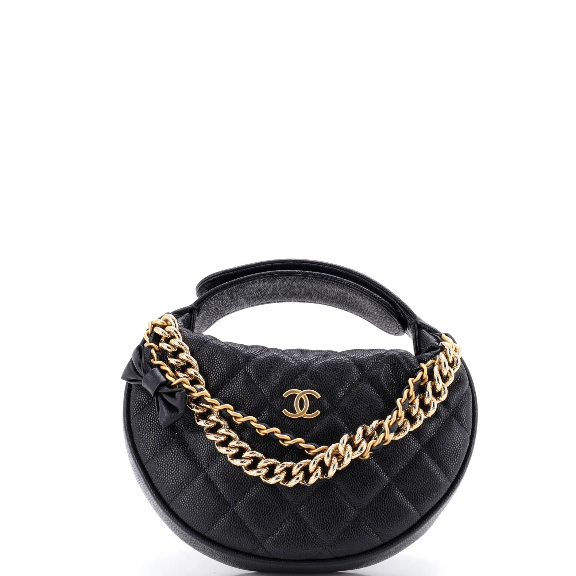 Double Chain Bow Hobo Pouch Quilted Caviar Mini