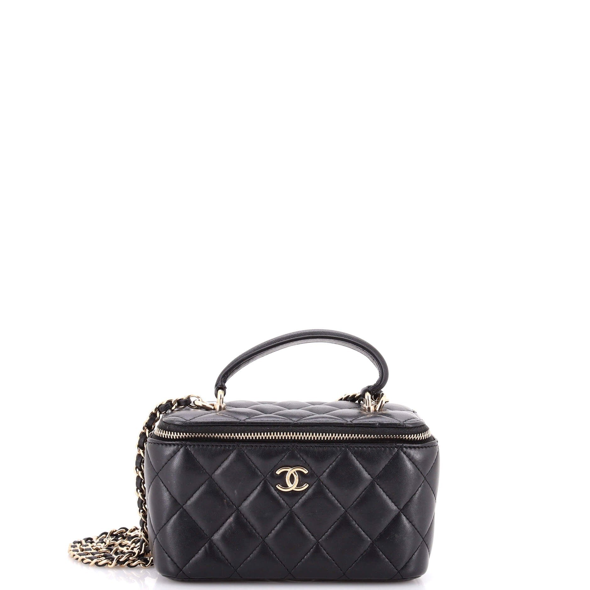 Classic Top Handle Vanity Case with Chain Quilted Lambskin Small