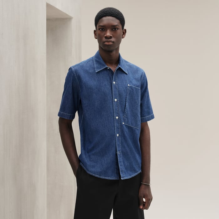 Indigo Lavé Short-sleeve Straight Cut Denim Shirt With Detail