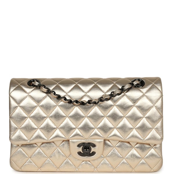 Pre-owned Chanel Medium Classic Double Flap Bag Gold Metallic Lambskin Black Hardware
