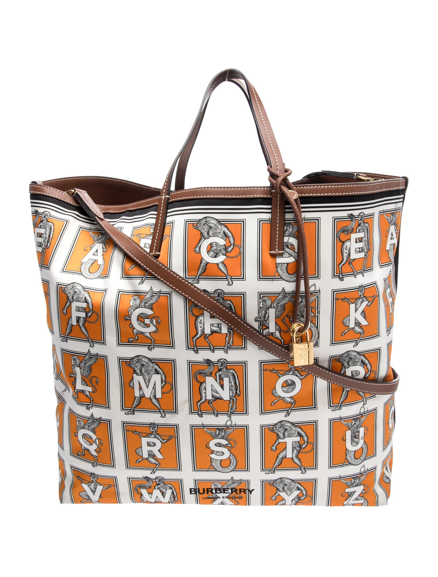 Burberry Satin White & Orange Mythical Alphabet Silk Tote Medium