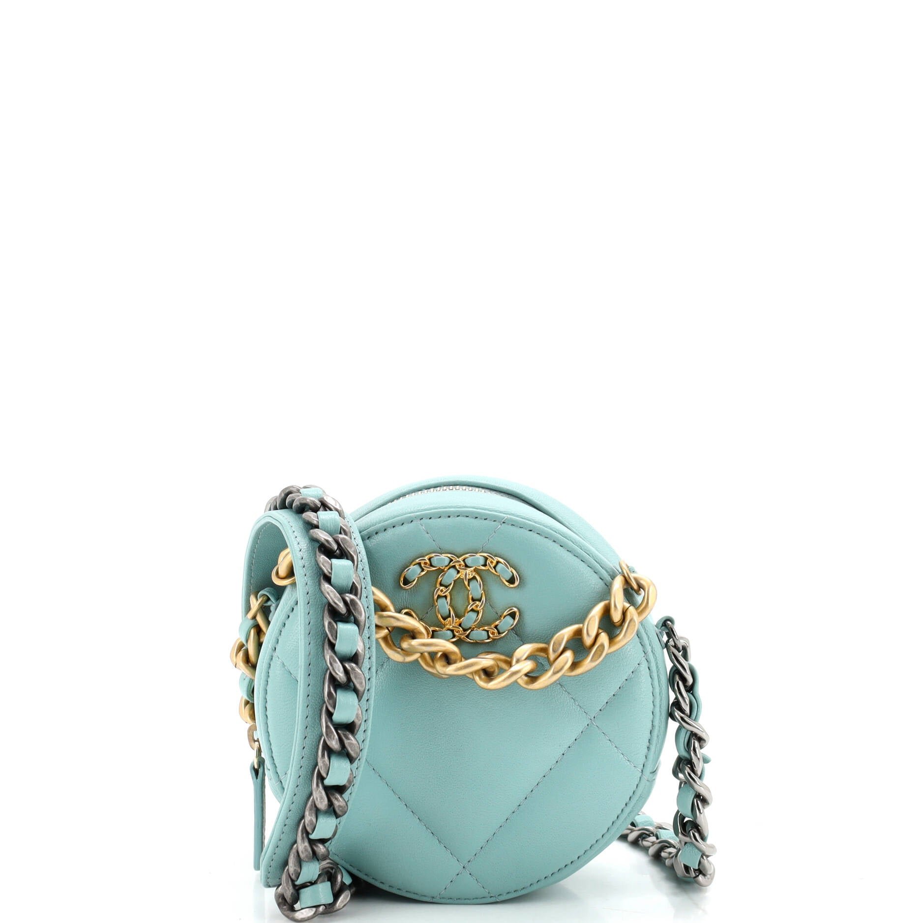 19 Round Clutch with Chain Quilted Leather