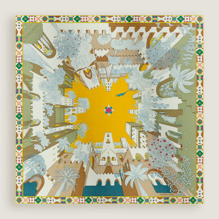 Hermès Le Palais des Quatre Vents shawl 140 Jaune Vif/Blanc