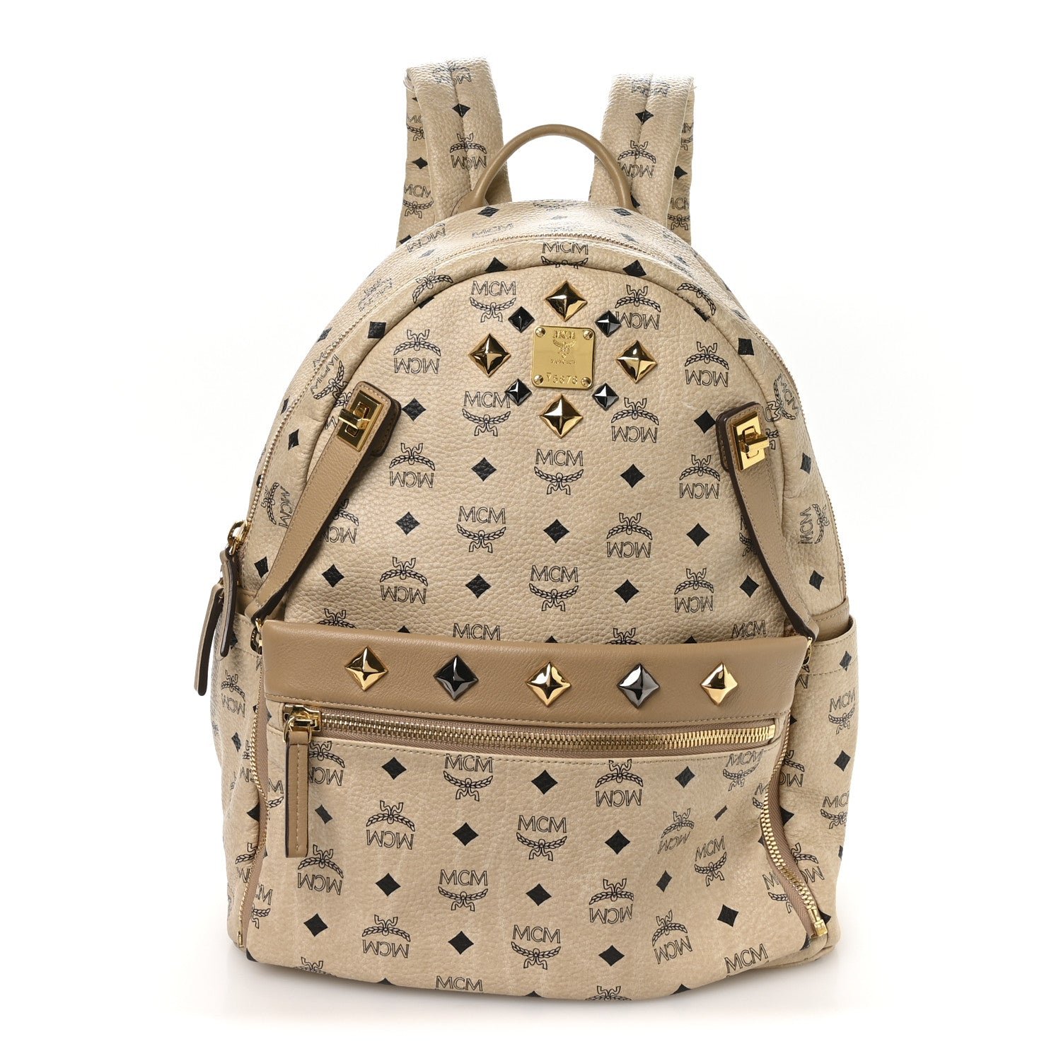 MCM Visetos Studded Medium Dual Stark Backpack Beige