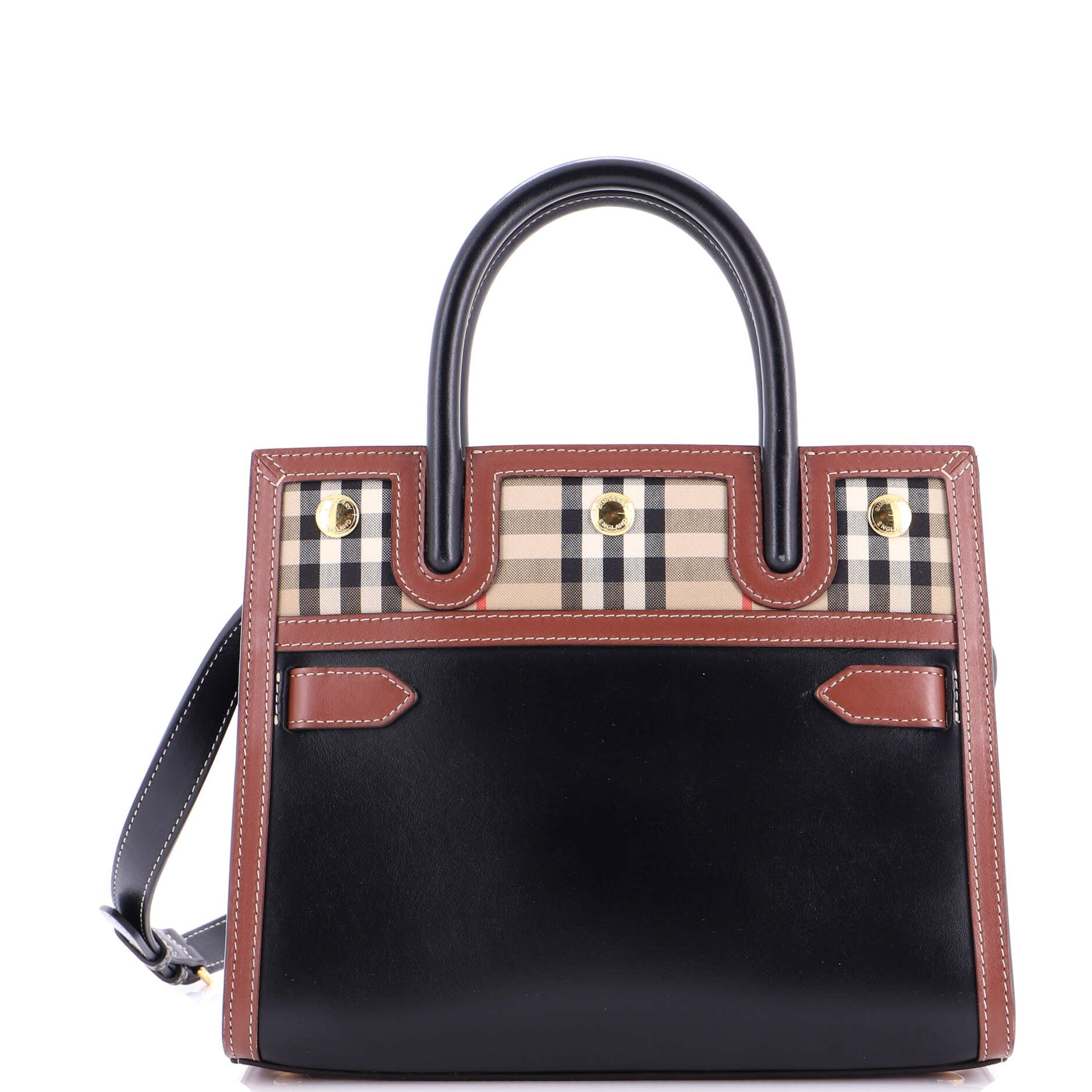 Burberry Title Two Handle Tote Leather with Vintage Check Canvas Mini