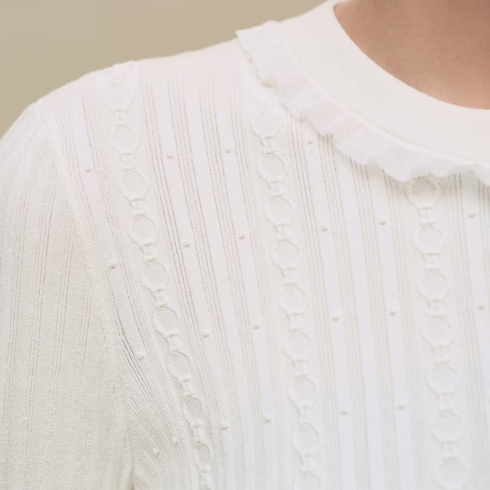 Blanc Naturel Long-sleeve Cardigan With Ruffled Details