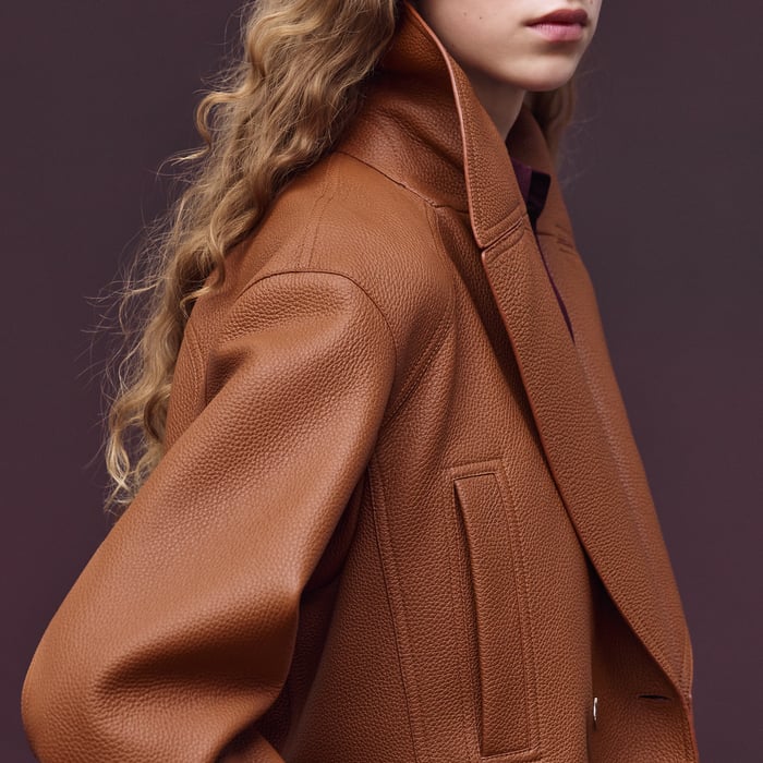 Marron Fauve Leather Pea Coat