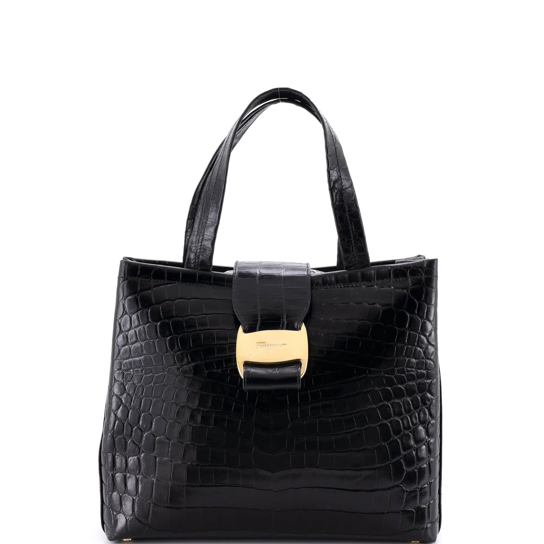 Ferragamo Convertible Vara Bow Tote Crocodile Embossed Leather Small