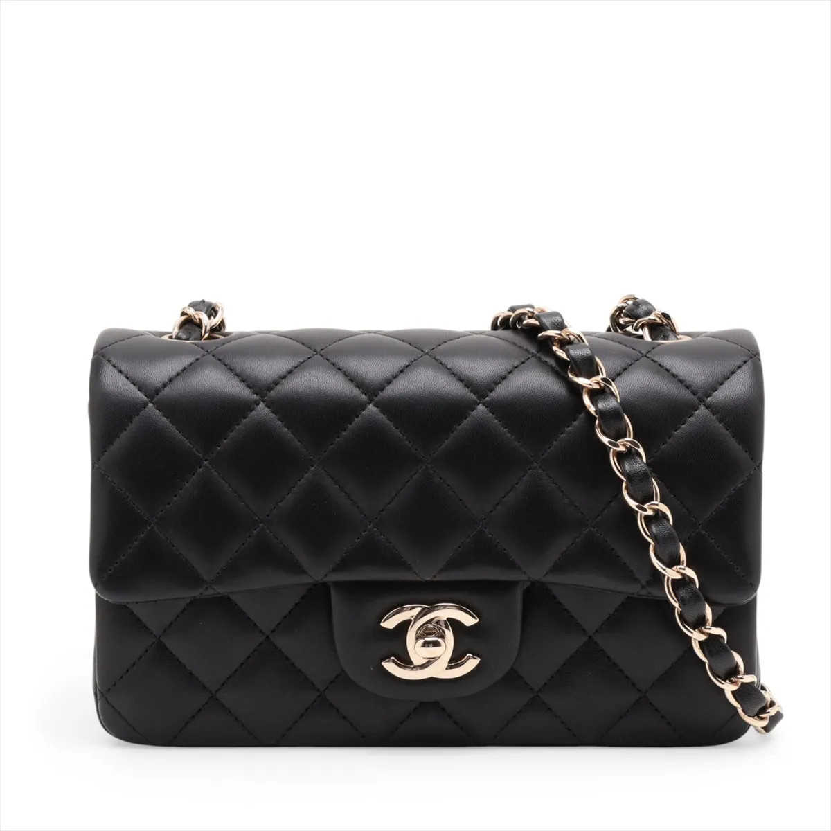 Chanel Mini Matelasse 20 Lambskin Single Flap Single Chain Bag Black Gold Metal