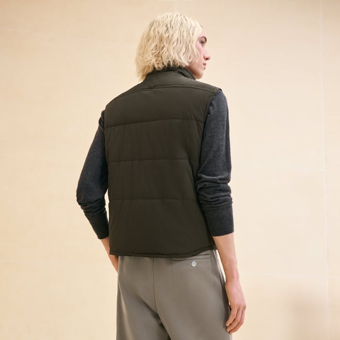 Kaki Quilted Vest With Leather Detail