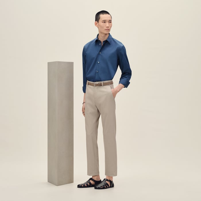 Indigo Straight Cut Shirt With Leather Detail