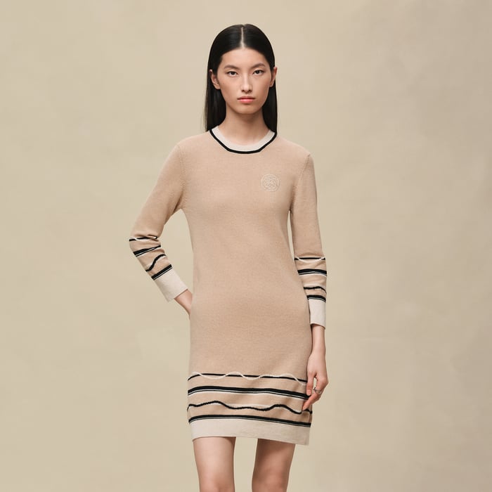 Beige Cajou "Ex-libris" 3/4-sleeve Dress
