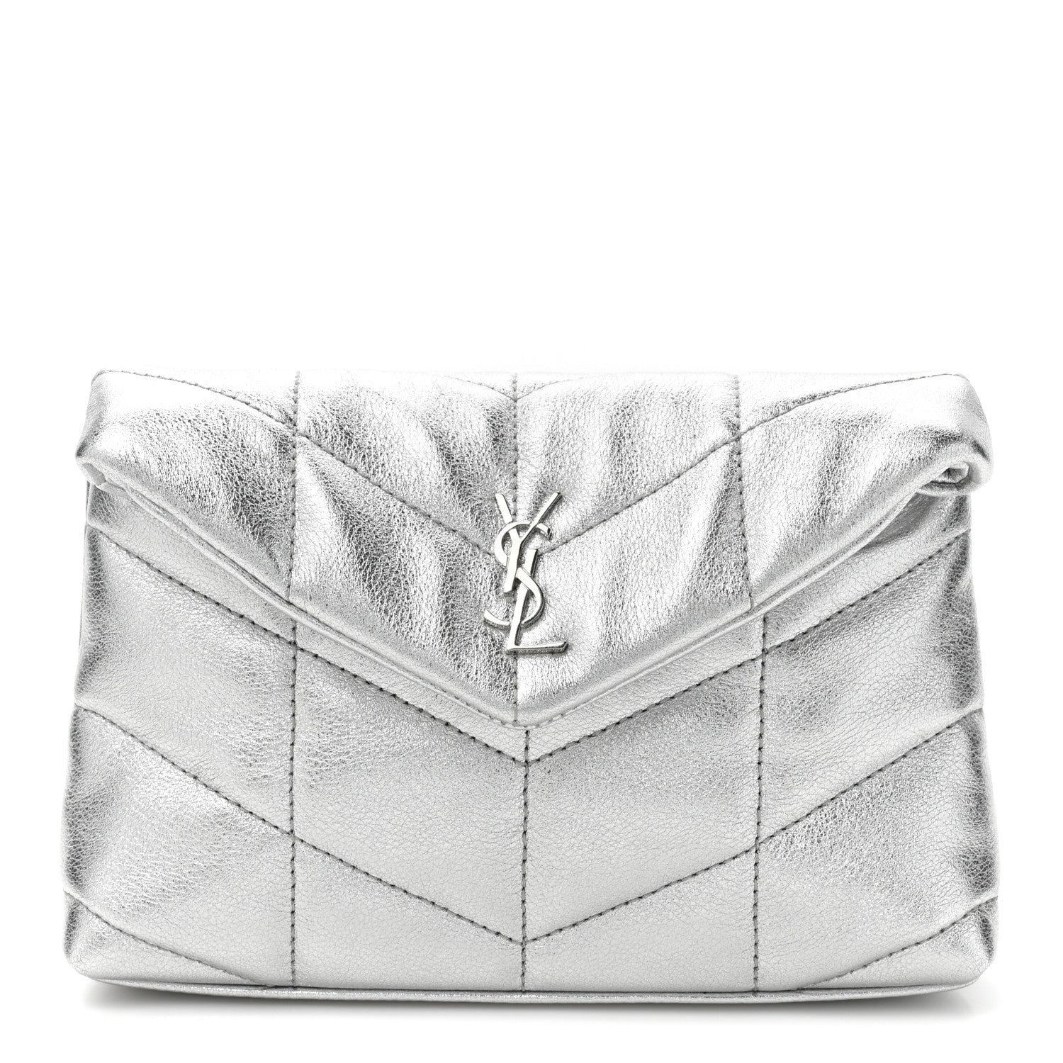 Saint Laurent Metallic Lambskin Monogram Loulou Puffer Pouch Clutch Silver