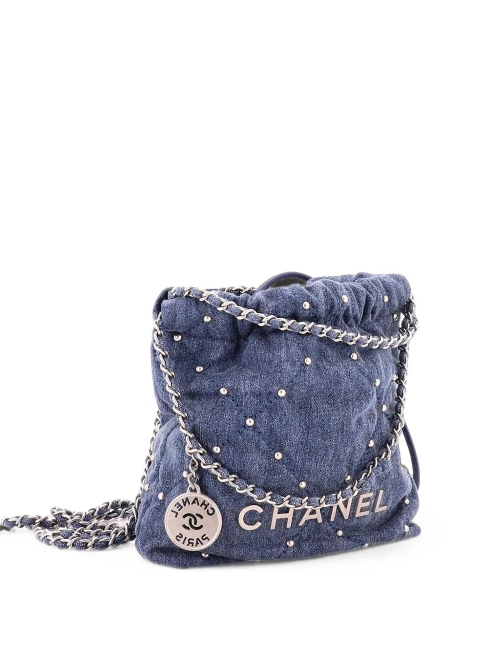22 Chain Quilted Studded Denim Mini hobo bag