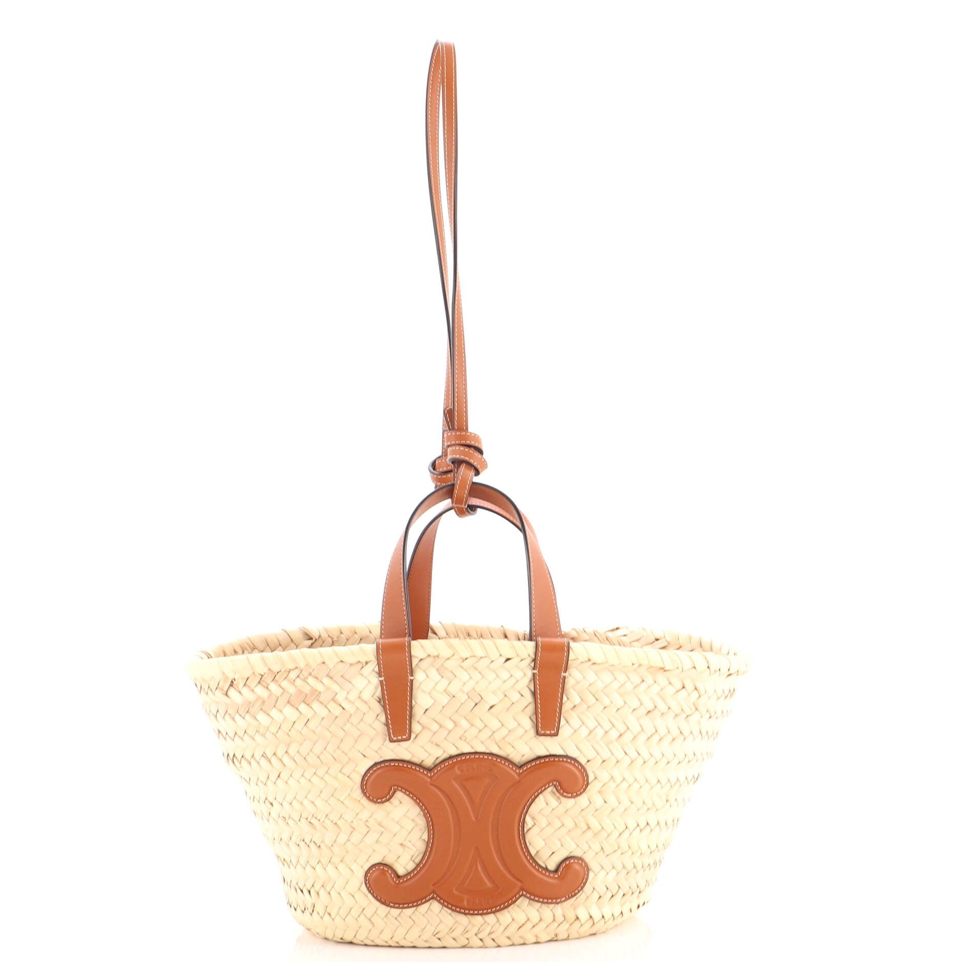 Triomphe Basket Shoulder Bag Raffia with Leather Teen