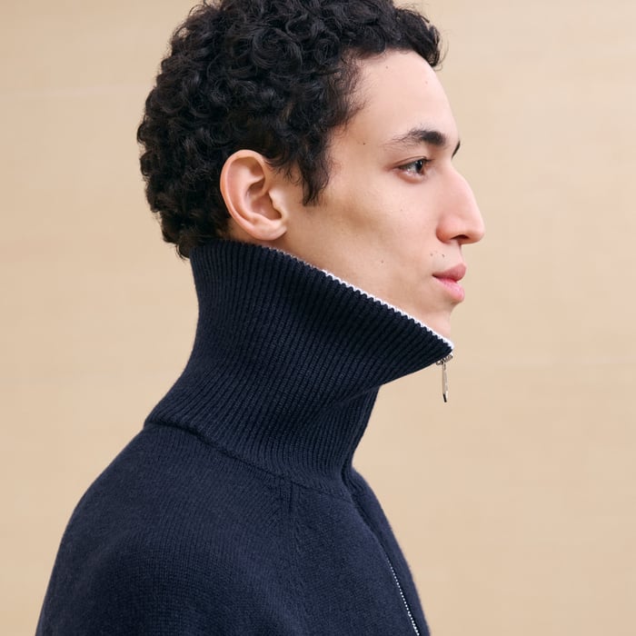 Marine Cashmere "Rayures Asymetriques" Polo Sweater