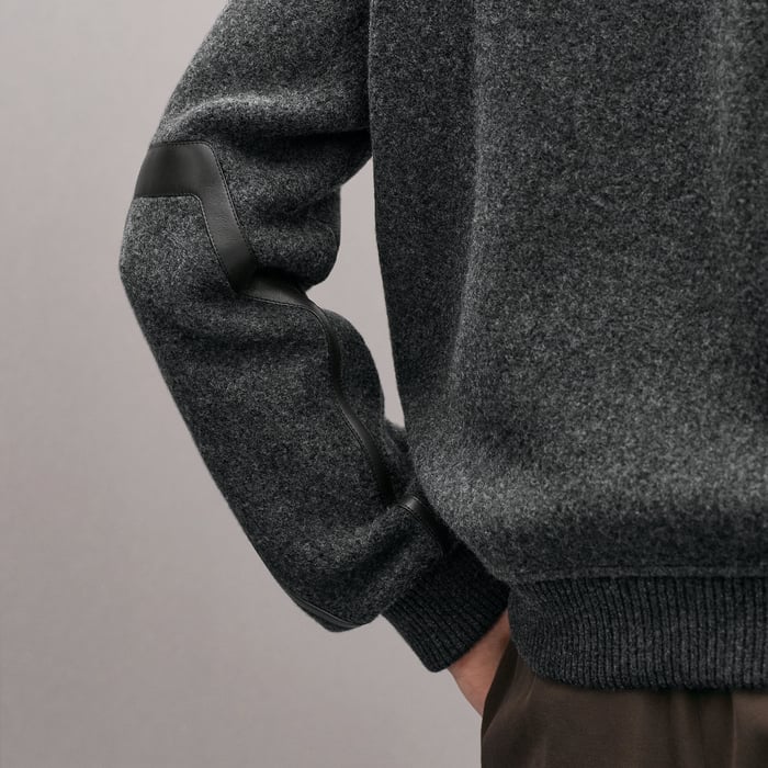Gris Foncé Zipped Cardigan With Leather Detail