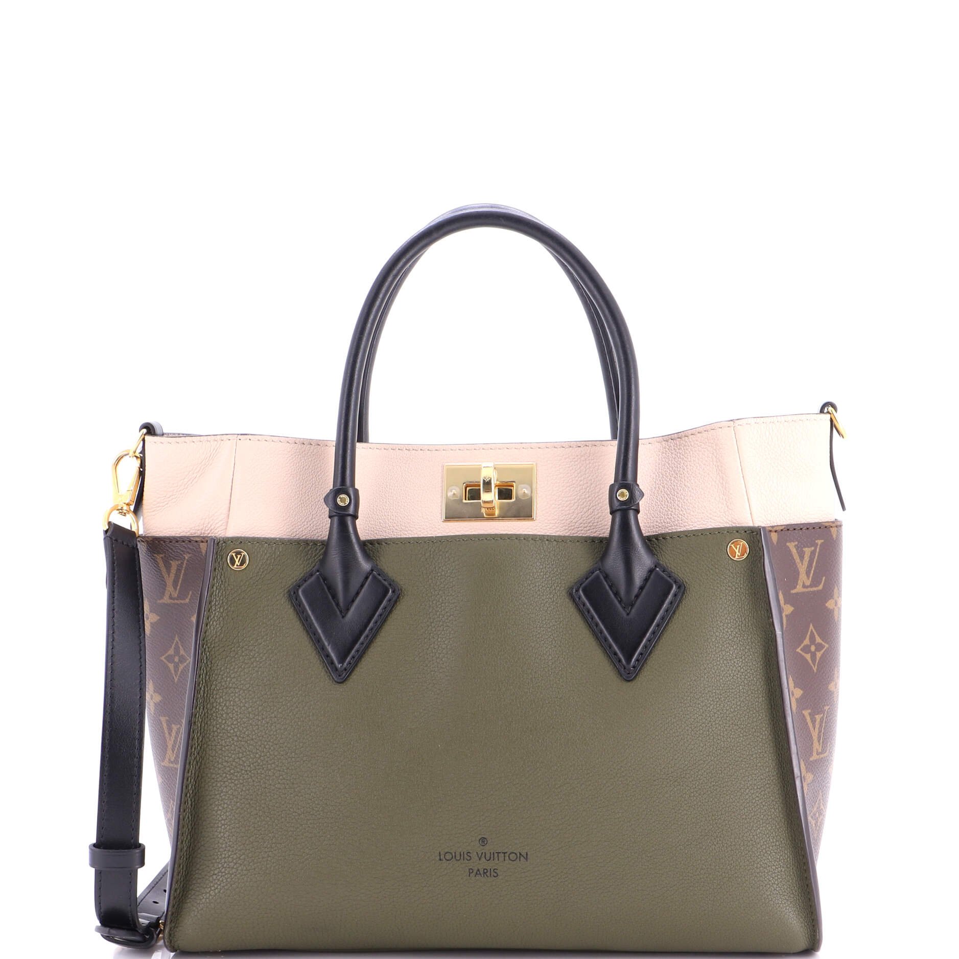 On My Side Tote Leather with Monogram Canvas MM