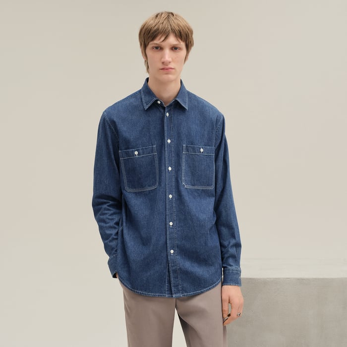 Indigo Lavé "H" Straight Cut Embroidered Denim Shirt