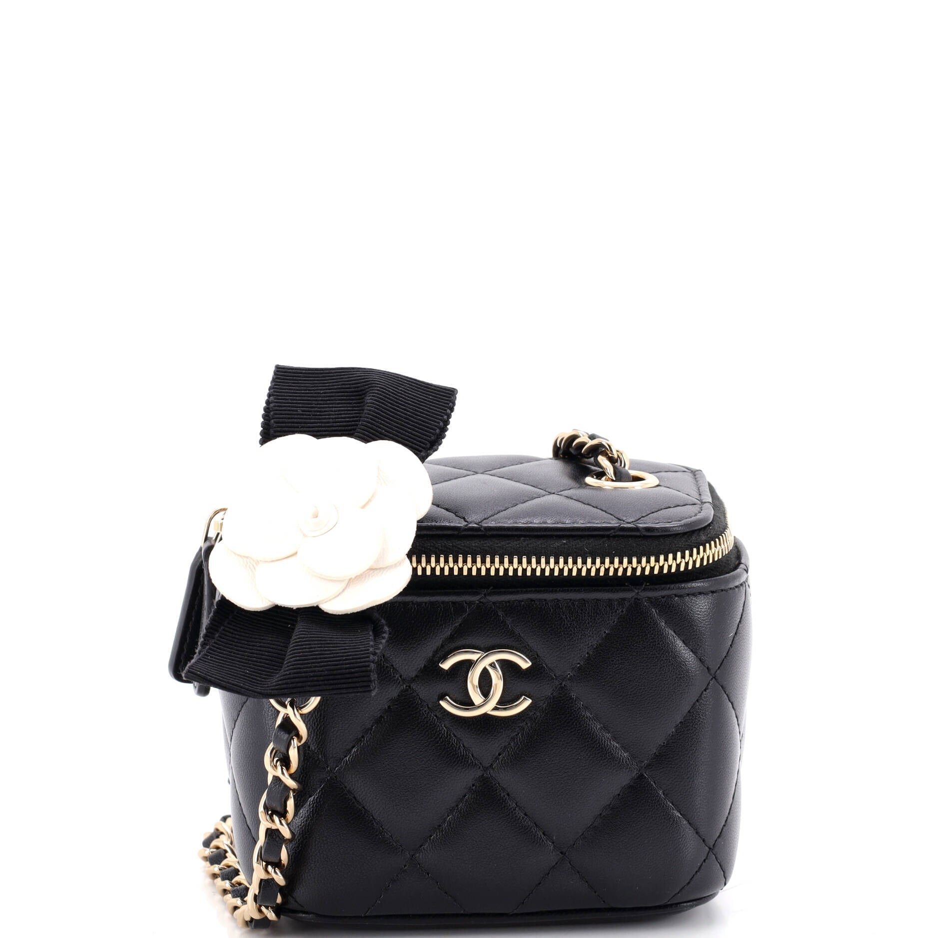 Camellia Bow Vanity Case with Chain Quilted Lambskin Mini