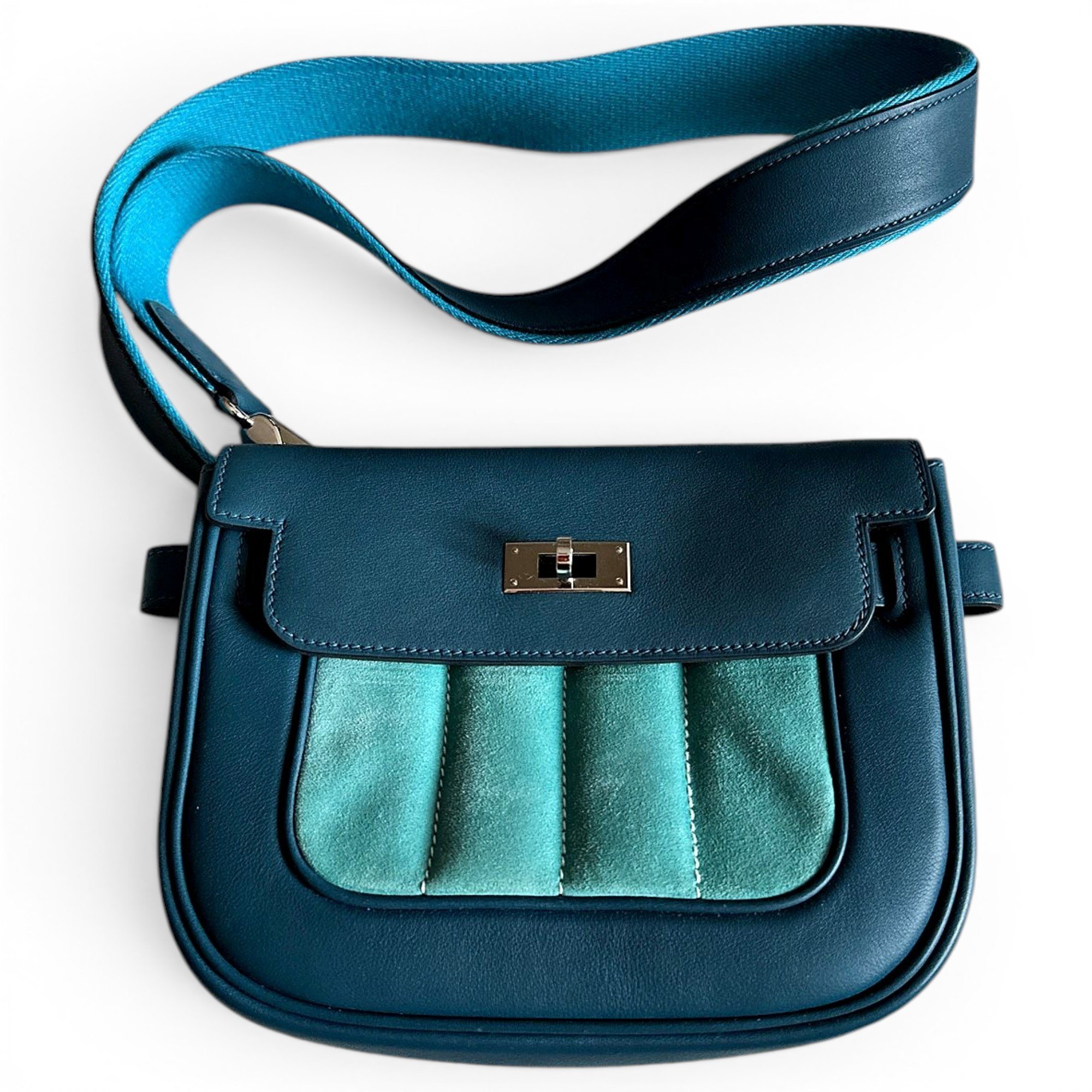 Hermes Berline Handbag Turquoise Toile H Berline Canvas