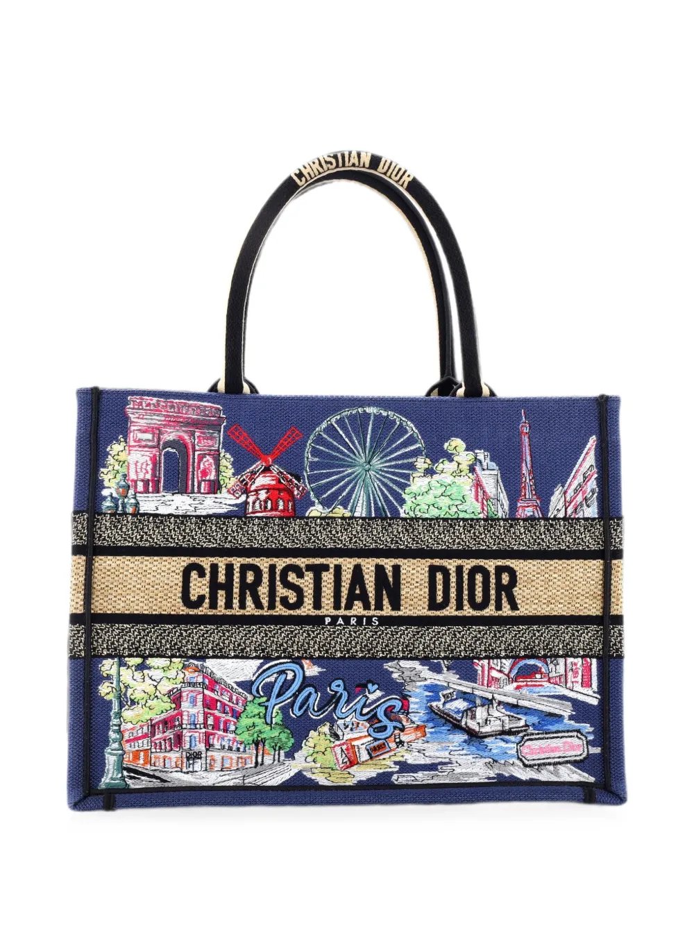 Book Embroidered Raffia Medium tote bag