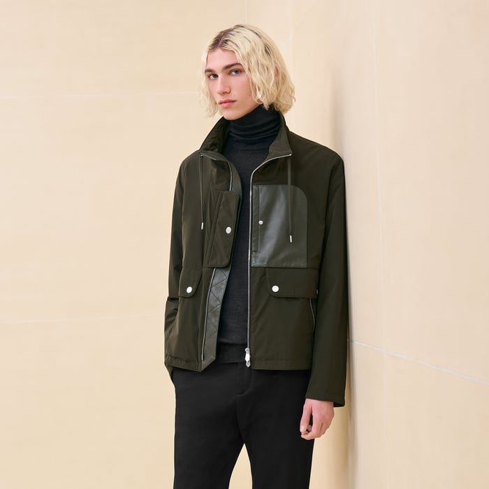 Straight cut jacket with leather detail