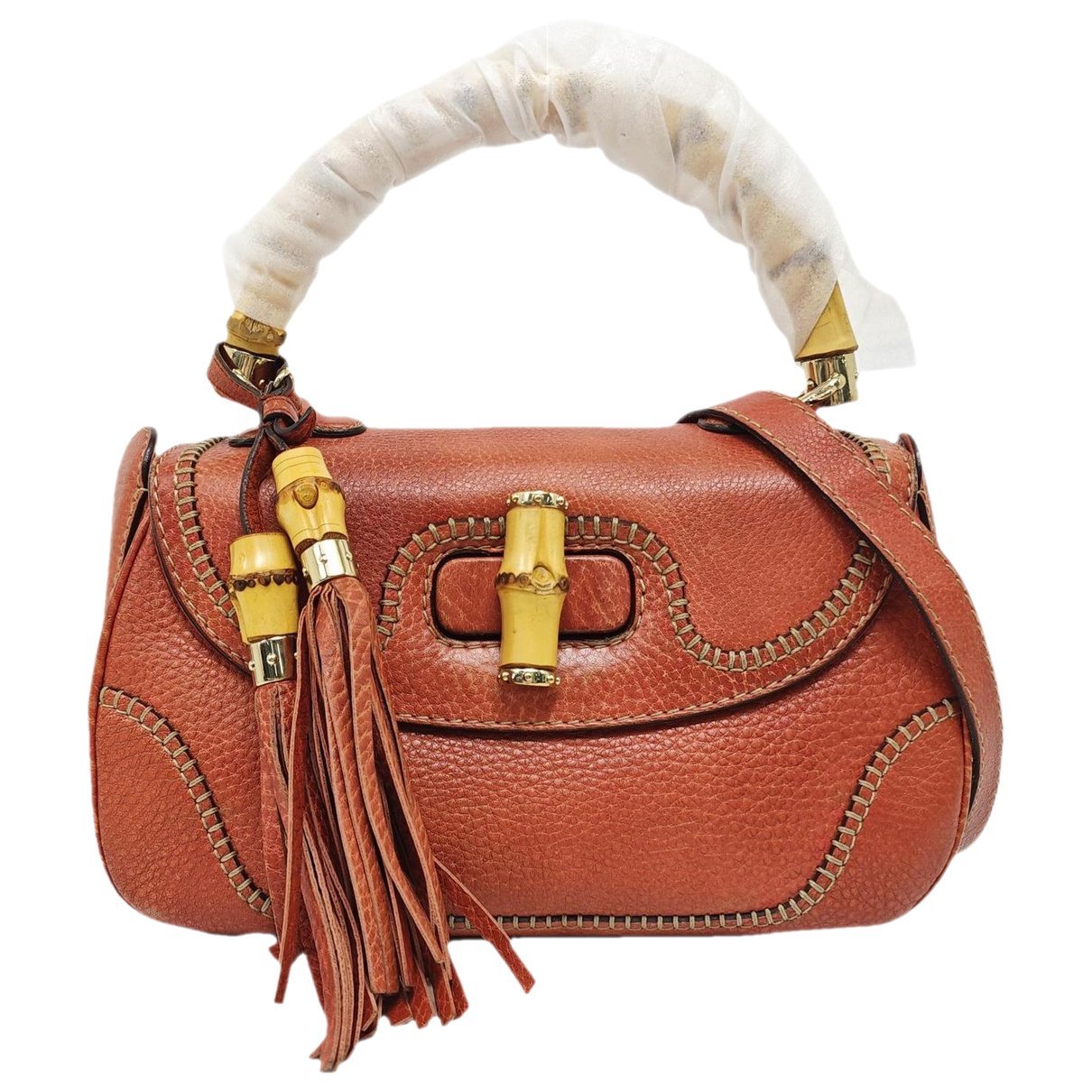 Convertible Pompon Bamboo Top Handle leather handbag