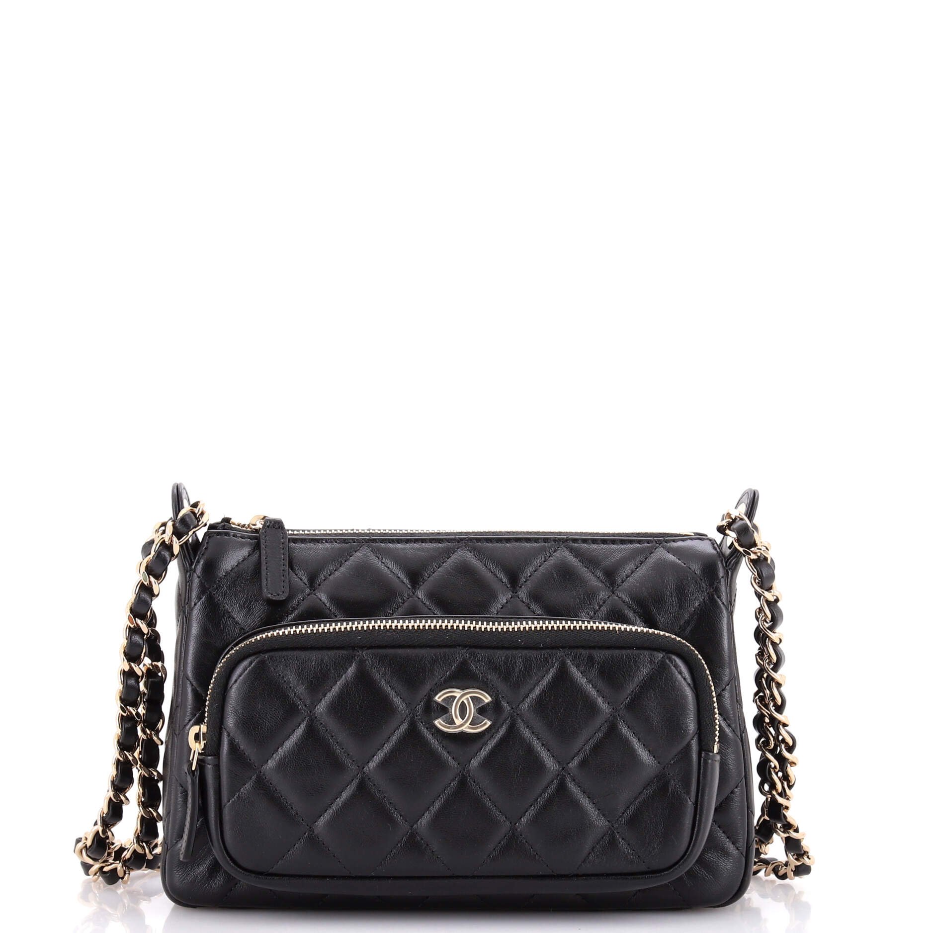 CC Front Pocket Zip Clutch with Chain Quilted Lambskin Large