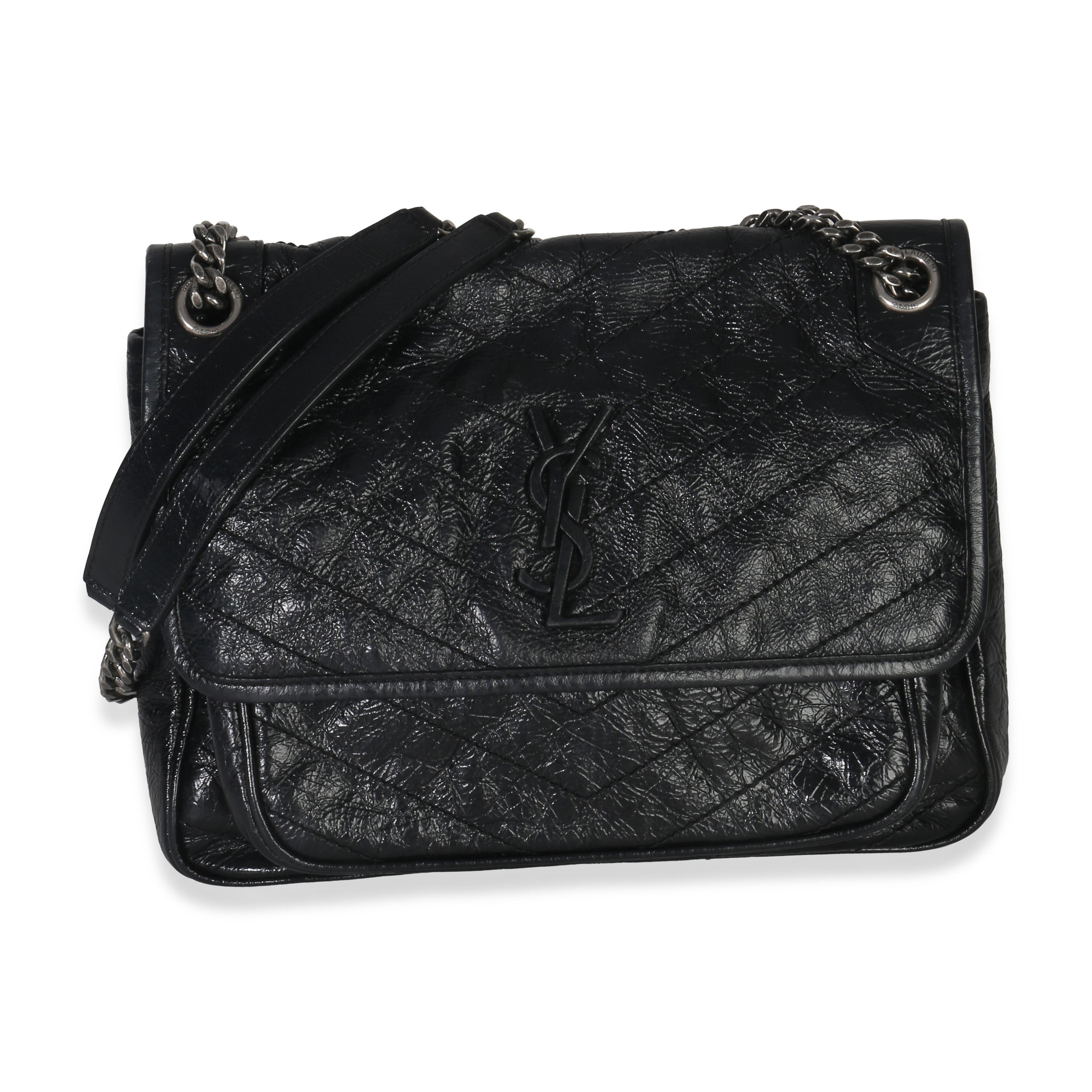 Black Crinkled Calfskin Matelasse Medium Niki Chain Satchel