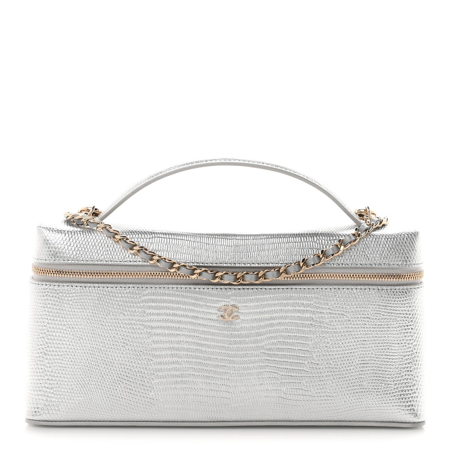 Chanel Lizard Embossed Top Handle Slim Vanity With Chain Silver