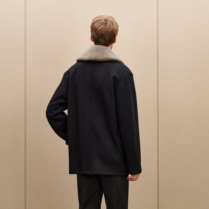 Marine Cashmere Pea Coat With Leather Details