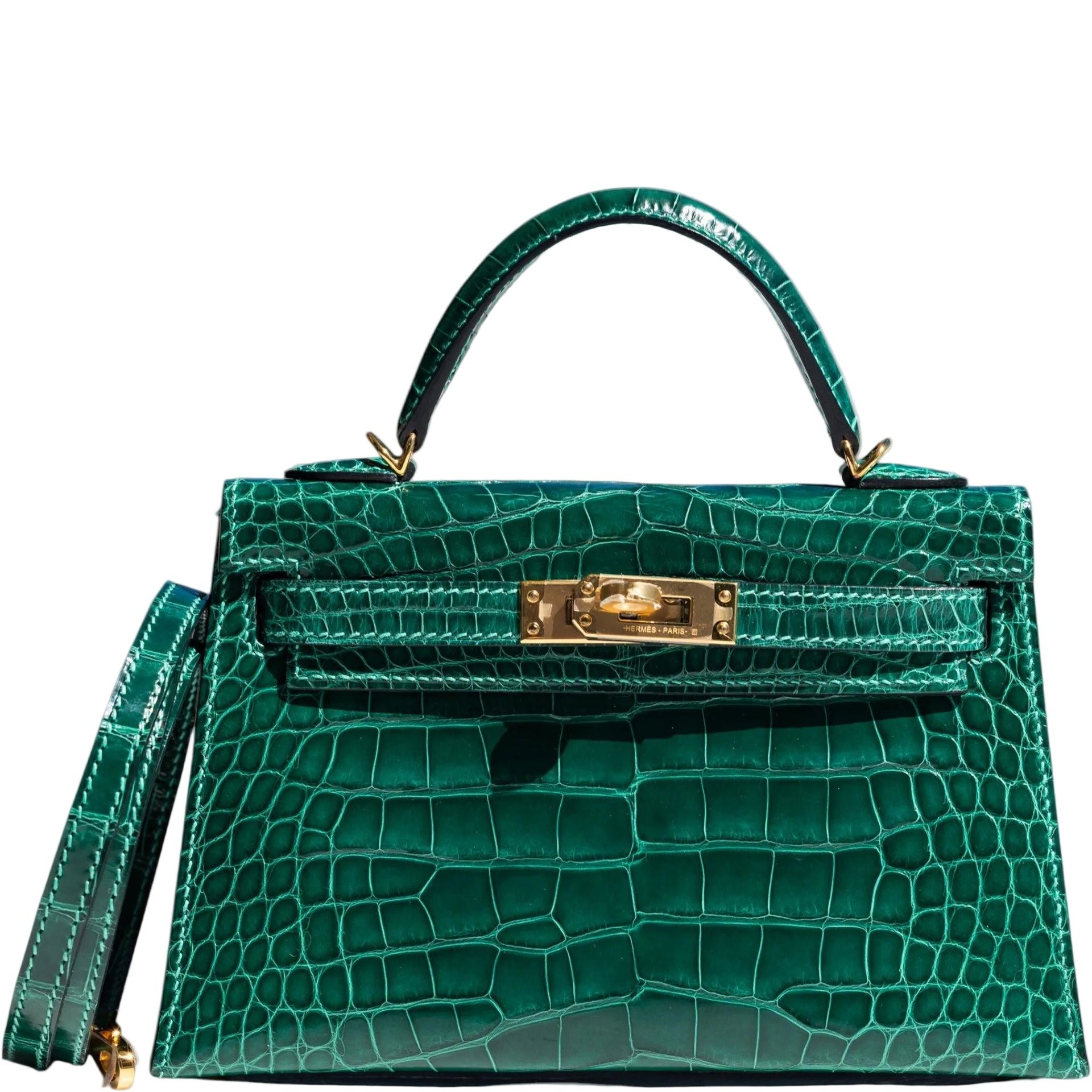 Hermes Hermès Mini Kelly II Sellier Vert Émeraude Shiny Alligator Gold Hardware