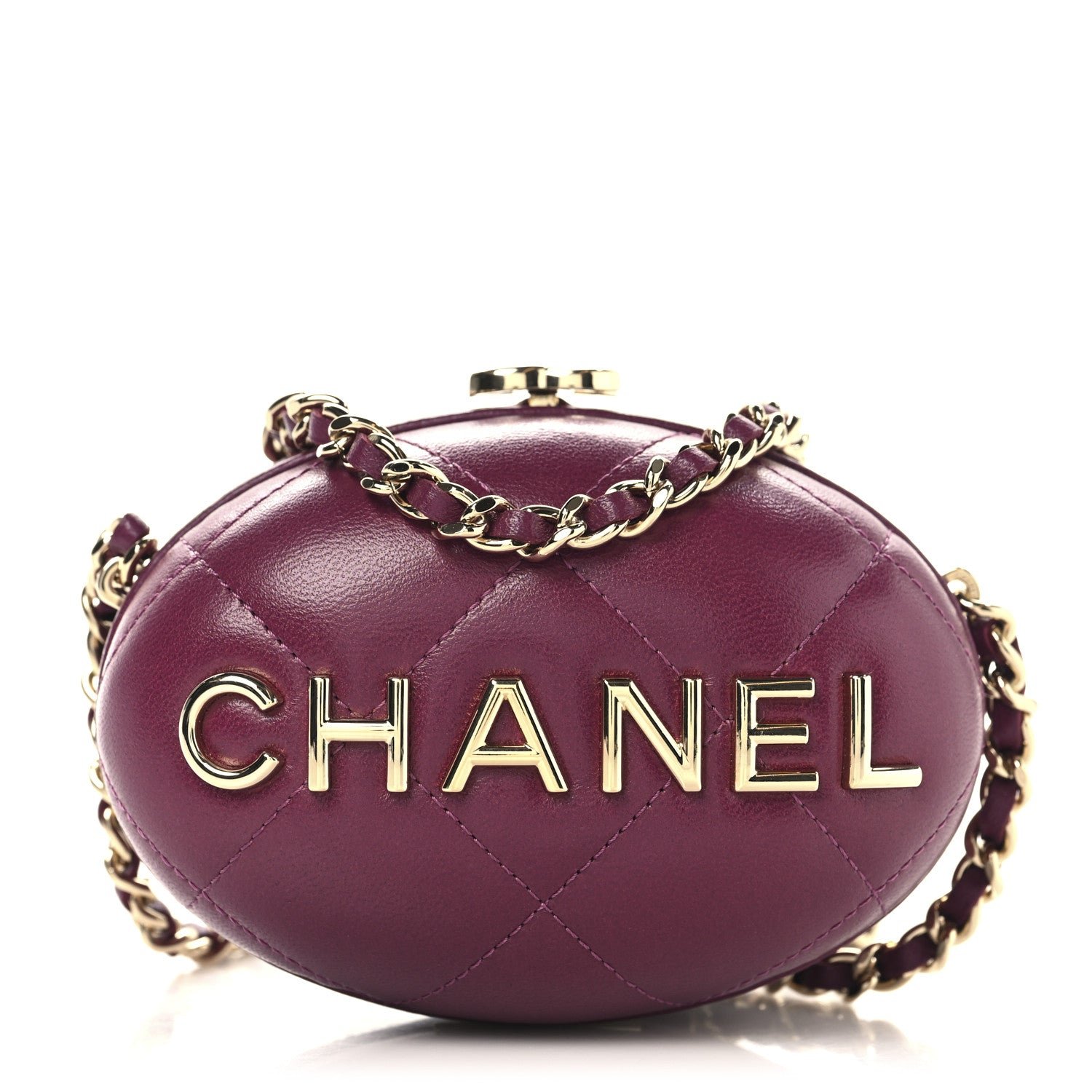 Chanel Lambskin Quilted Oval Minaudiere Chain Clutch Purple