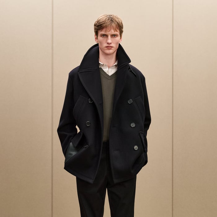 Marine Cashmere Pea Coat With Leather Details