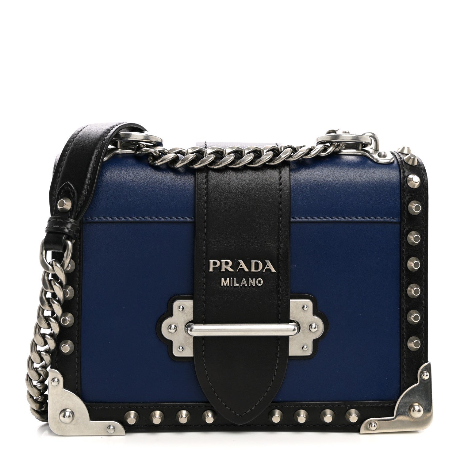 Prada City Calf Saffiano Studded Cahier Bag Blue Black