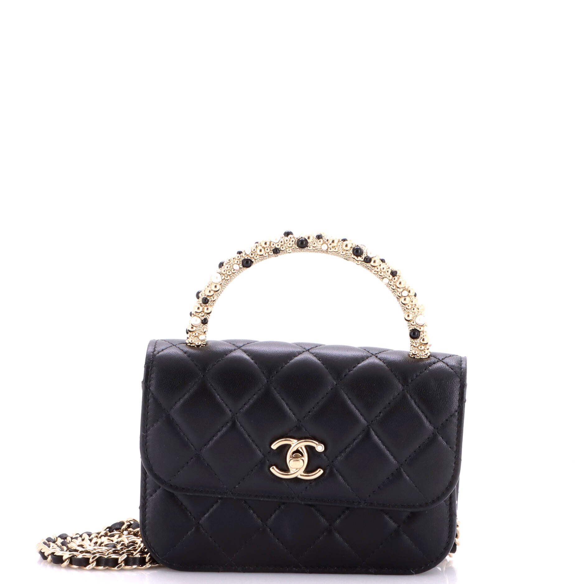 Pearl CC Flap Top Handle Clutch with Chain Embellished Quilted Lambskin Small