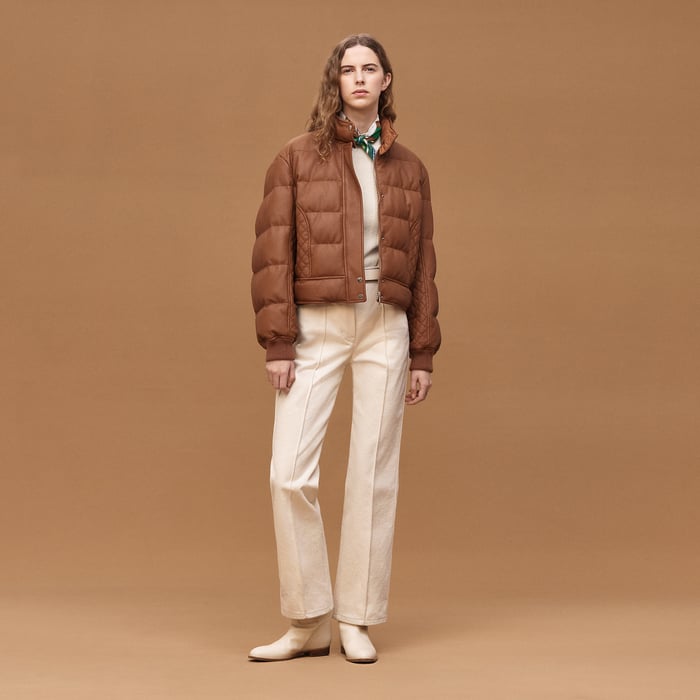 Marron Fauve Leather Puffer Coat