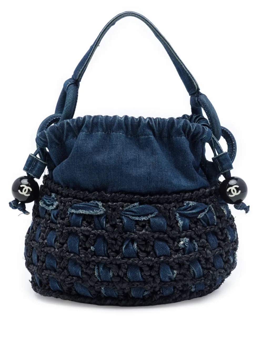 2005-2006 CC Woven Denim and Raffia Drawstring bucket bag