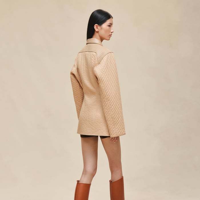Beige Cajou Short Coat With Leather Details