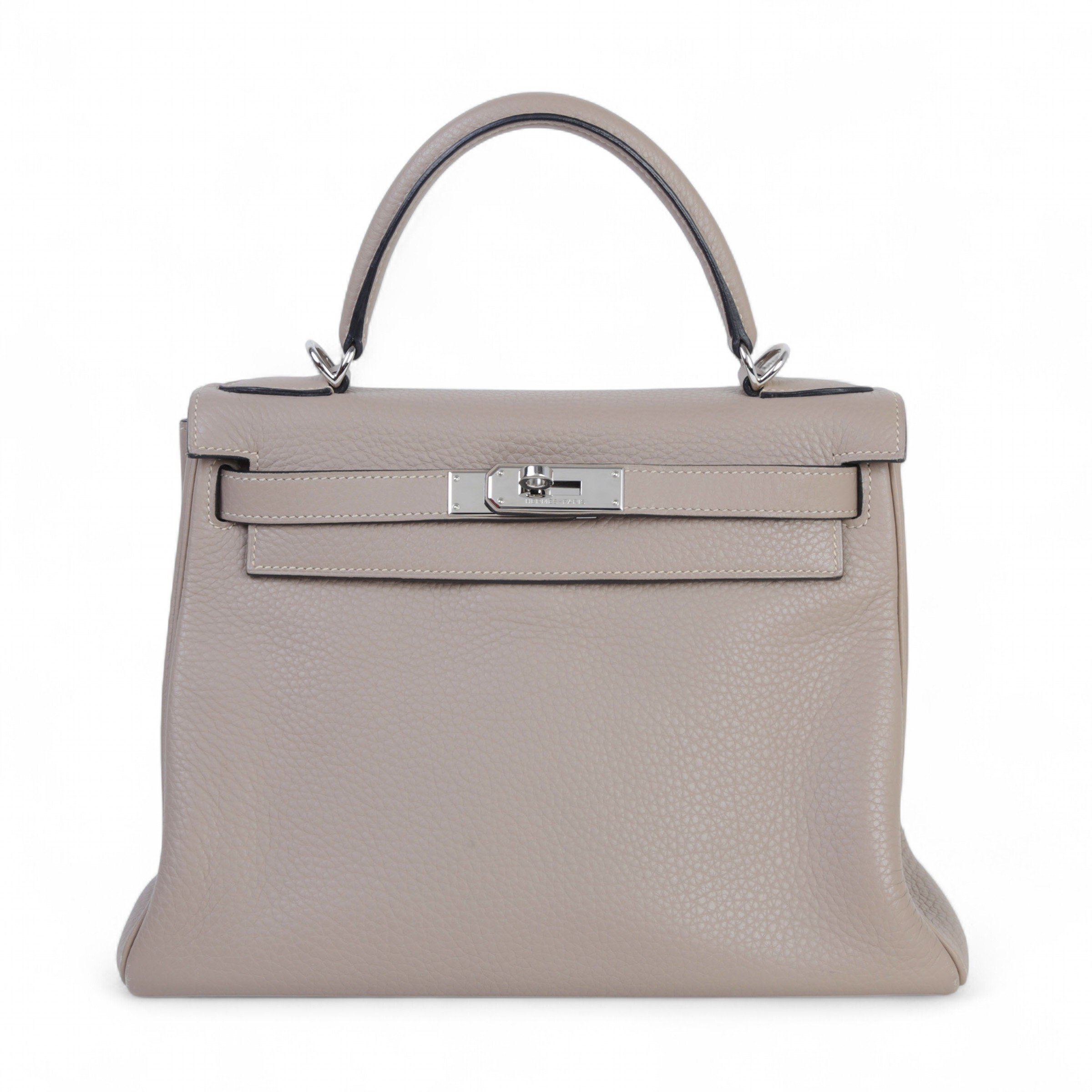 Hermes Very Good ( Rank A) HERMÈS Kelly 28 Gris Tourterelle (81) Clemence Palladium hardware Square L (2008)
