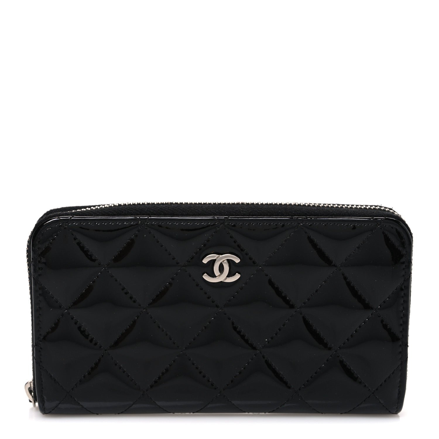 Chanel Patent Quilted Small Zip Around Wallet Black