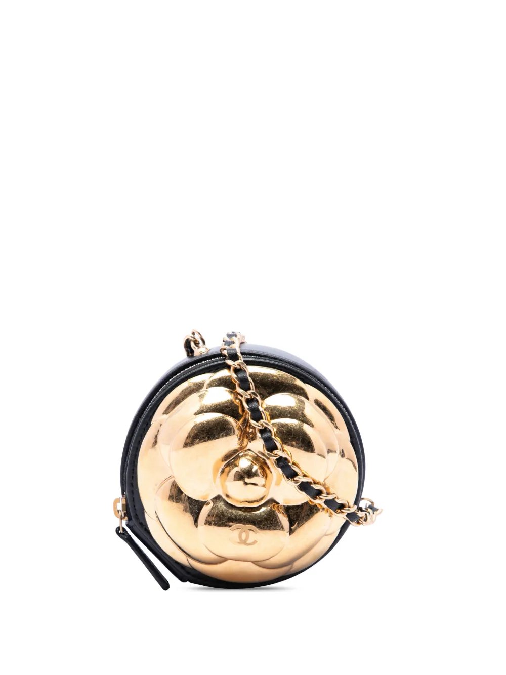 2021-2026 CC Lambskin and Metal Camellia Round Clutch with Chain crossbody bag