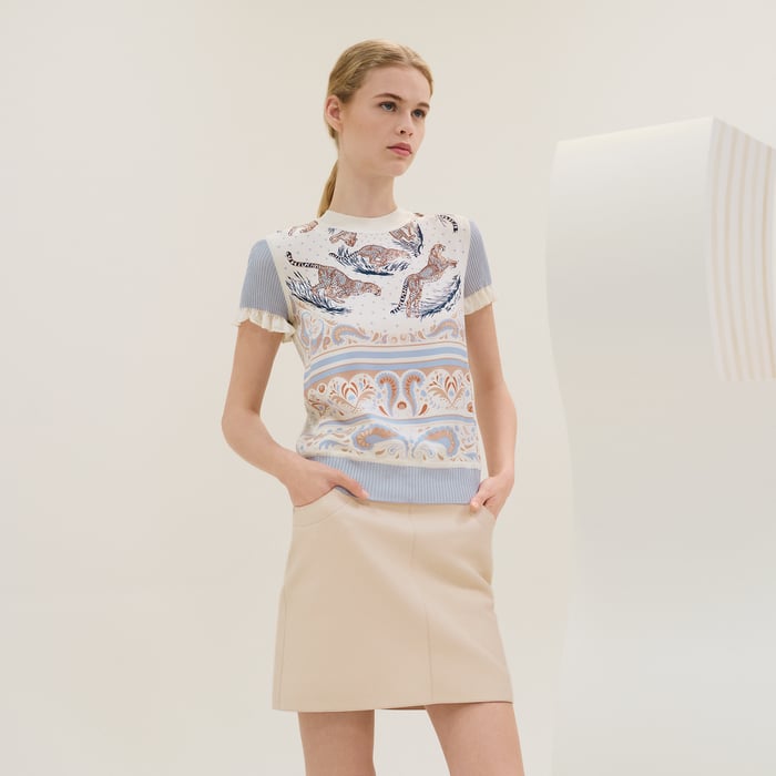 Blanc Sel "Guepards Et Palmettes" Short-sleeve Twillaine Sweater