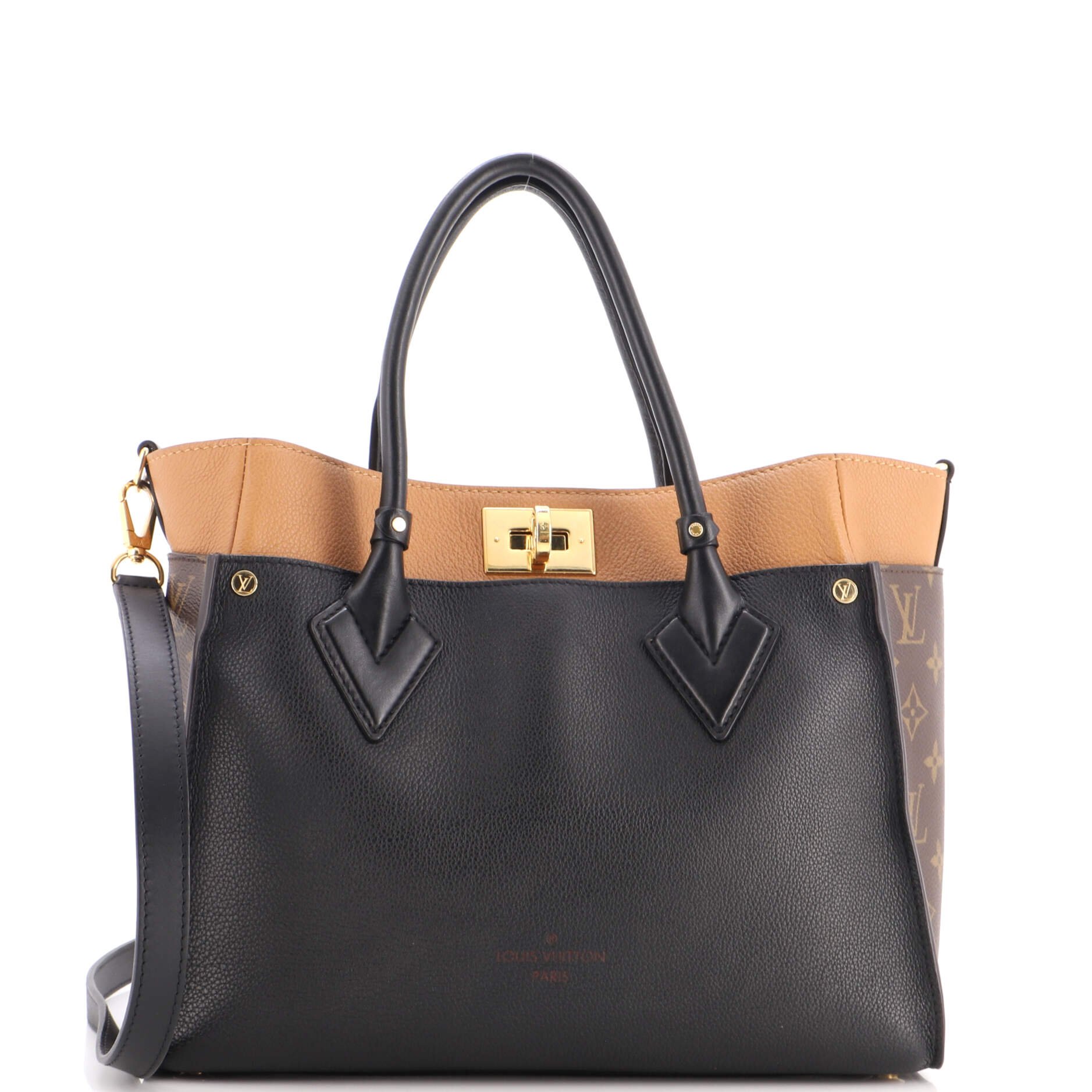 On My Side Tote Leather with Monogram Canvas MM